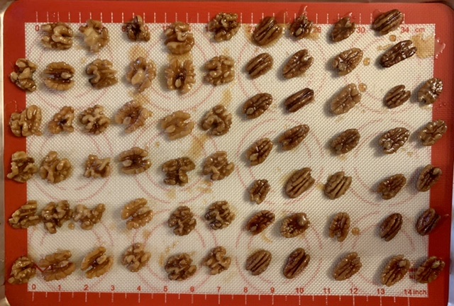 Making candied nuts for Carrot & Cardamom Cake