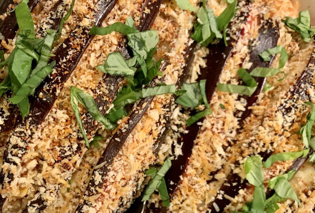 Cooked Fan-Shaped Egg Plant Parmesan